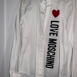 Love Moschino White Button Down Shirt with Heart Logo – Designer